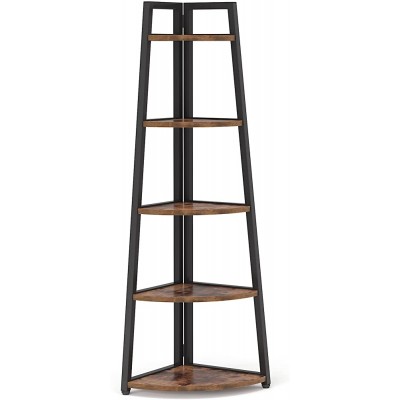 Tribesigns 70 inch Tall Corner Shelf 5 Tier Rustic Corner Bookshelf Industrial Corner Ladder Shelf Small Bookcase Plant Stand for Living Room Kitchen Home Office Brown - BHVK370ZO
