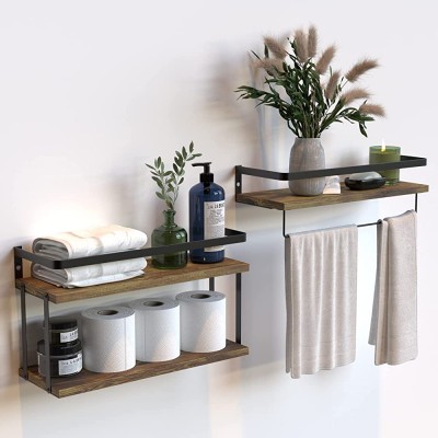 3 Tier Wall Mounted Floating Shelves Set of 3 Rustic Wood Wall Shelf with Metal Frame Extra Storage Rack for Bathroom Kitchen Bedroom with Tissue Rack & Towel Bar - BTQRVBMN7