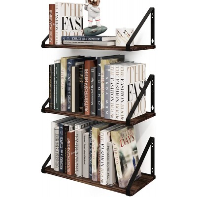 BAMEOS Floating Shelves Rustic Wood Wall Shelf Set of 3 Small Bookshelf for Living Room Office and Bedroom with Metal Bracket - BX0L2TTQO