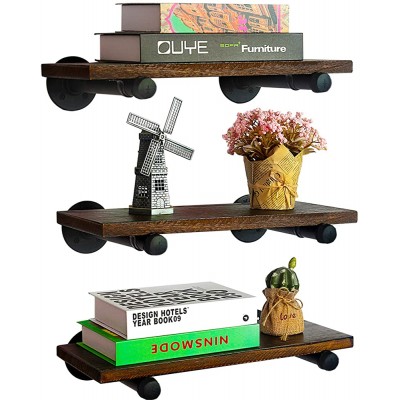 MANTE BLONG QTSARTISAN Floating Shelves with Industrial Pipe Brackets Rustic Set of 3 Wall Mounted Wood Shelving Storage Home Decor for Living Room Bedroom Bathroom Kitchen Office 17" x 7.1" Brown - B8Q7TEIOK