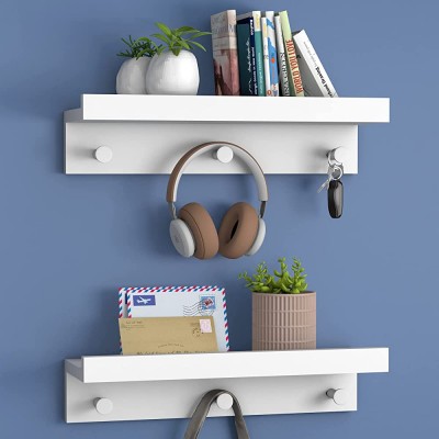 Mixoo White Floating Shelves for Wall Set of 2 Wall Mounted Wood Floating Shelf Decorative Storage Shelves with Metal Hooks for Bedroom Living Room Bathroom and Kitchen - BD4644EPC