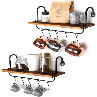 Olakee Floating Wall Shelves for Kitchen Bathroom Coffee Nook with 10 Adjustable Hooks for Mugs Cooking Utensils or Towel Rustic Storage Shelves Set of 2 17x5.9 inch Carbonized Black - BO6OQE92X