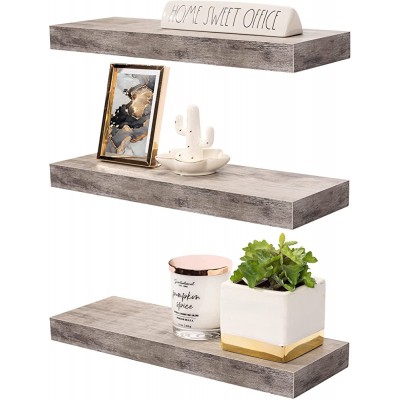 Sorbus Floating Shelf Set — Rustic Wood Hanging Rectangle Wall Shelves — Perfect for Home Décor Trophy Display Photo Frames and More 3-Pack Grey - BW0XH1ZYF