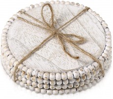 4 Pieces Wood Beaded Coasters 3.9 Inch Round Rustic Farmhouse Coasters Wooden Coasters for Drinks Decorative Table Top Coasters Wood Bar Coaster Set for Housewarming Home Kitchen Beige - B9LT313G1