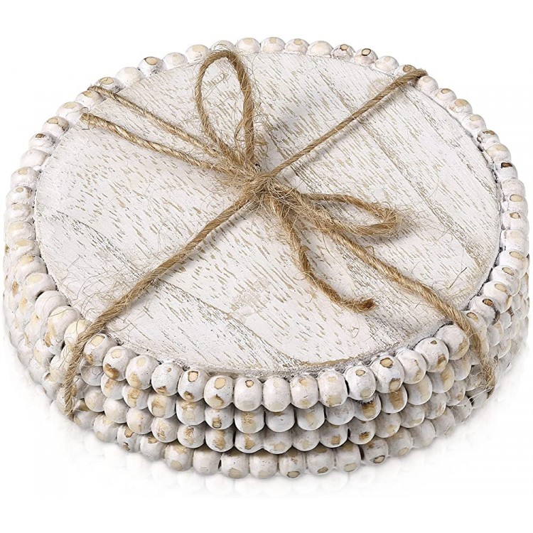 4 Pieces Wood Beaded Coasters 3.9 Inch Round Rustic Farmhouse Coasters Wooden Coasters for Drinks Decorative Table Top Coasters Wood Bar Coaster Set for Housewarming Home Kitchen Beige - B9LT313G1