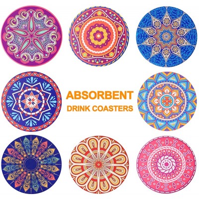 Coasters for Drinks Absorbent Drink Coasters with Holder Ceramic Coasters for Drinks Cups Bar Table Coasters Round Stone Cork Base Mandala Style 8 Pack - BGNOH16R6