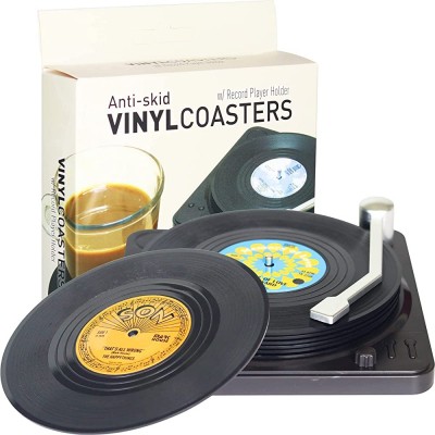Funny Retro Vinyl Record Coasters for Drinks with Vinyl Record Player Holder for Music Lovers,Set of 6 Conversation Piece Sayings Drink Coaster,Housewarming Hostess Gifts Wedding Registry Gift Ideas - BBCRK6WUC