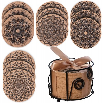 HOMEARA 12 Pcs Mandala Cork Coasters for Drinks with Holder 5mm Thick Water & Heat Resistant Coasters for Coffee Wooden Table Cool Choice for Home Decor - B5YLUD5C0