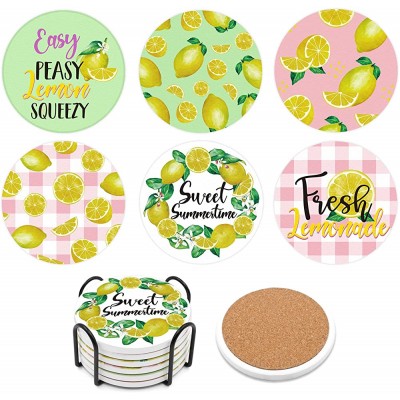 Lemon Ceramic Coasters Drink Coasters with Holder Fresh Lemonade Round Cup Absorbent Coaster for Tabletop Protection Set of 6 4 inch - B3GHNOFWF
