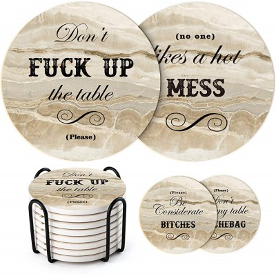 LIFVER Funny Coasters for Drinks with Holder Set of 8 Marble Style Absorbent Drink Coasters with Cork Base House Warming Gifts New Home Perfect for Home Decor Bar Coaster with 4 Sayings 4 inch - B5Q0Y55DX
