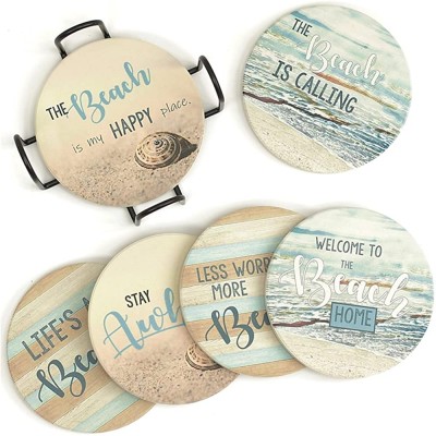PANCHH Beach Coastal & Ocean Sea Tropical Theme Coasters for Drinks  Kitchen Decor and Gifts for Beach House and Home Beach Bars Coasters for Wooden Table Set of 6 with Holder  Absorbent - BERBBWED2