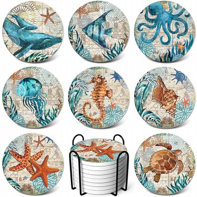 Teivio Absorbing Stone Sea Ocean Life Coasters for Drinks Cork Base with Holder,Coastal Decor Beach Theme Tropical,for Housewarming Apartment Kitchen Bar Decor For Wooden Table Coffee table,Set of 8 - BJ3H3PRJQ