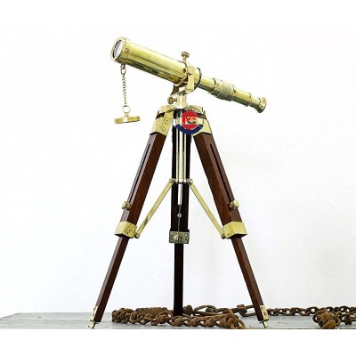 Antique Brass Nautical Vintage Marine Table Decor Telescope with Brown Wooden Stand Home & Office Decor - BL09JEVKG