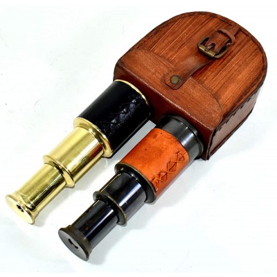 Collectible Solid Brass Pirate Spyglass Telescope with Leather Box Marine Gift - BGKHFY2C0