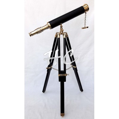 Hanzla Collection Nautical Brass Leather Telescope Black Tripod Wooden Stand Maritime Desk Decor - B0QD5WTG3