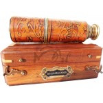 MAH 16 Inch Brass Ship Telescope Leather Carving Bounded with Hardwood Box. C-3102 - BZZX7M2N0
