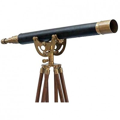 Medieval Antique Nautical Brass Leather Telescope with Wooden Tripod Stand Decor - BMACGFDR8