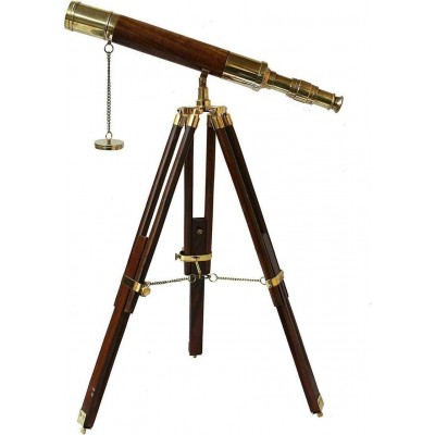 Nautical 18" Shinny Brass Barrel Telescope with Wooden Tripod Stand Decor - BLHKYF7T8