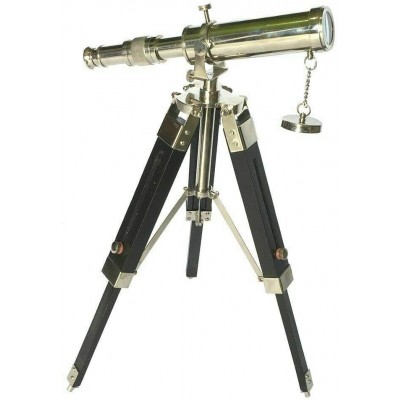 Nautical Silver Brass Desk Handmade Telescope with Wooden Tripod Stand Decorative Gift Item - BYUHH4HMW
