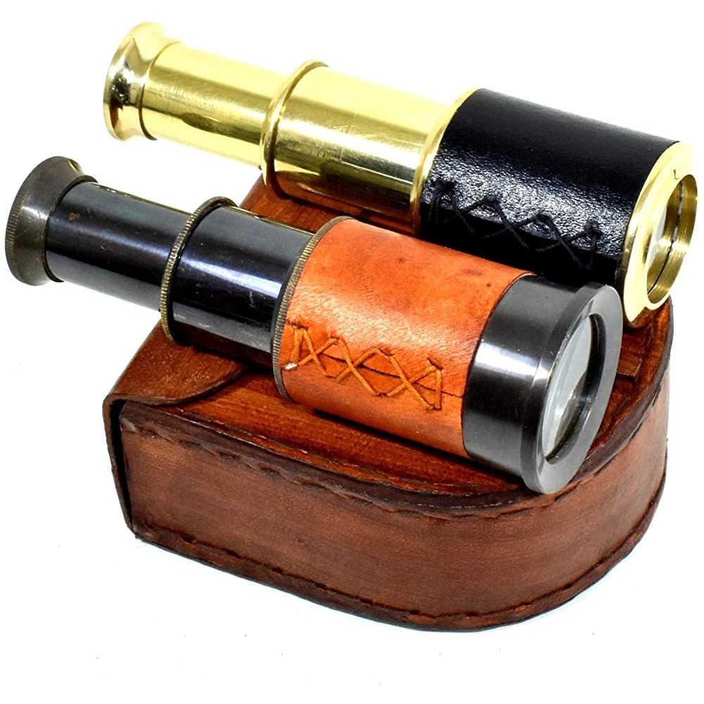 NGD Collectible Solid Brass Pirate Spyglass Telescope with Leather Box Marine Gift - B0TELDQCS