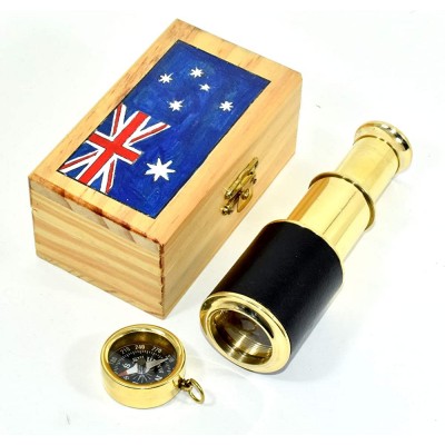 Polished Brass Pirate Spyglass Wooden Case Nautical Handheld Telescope Compass - BABW773AL