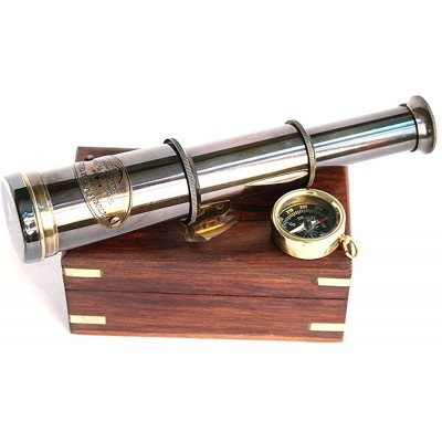 sadaf nautical store Brass 6" Handheld Brass Telescope with Compass Pirate Navigation Wooden Box - BK8F5LFSC
