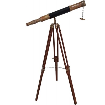 Vintage Floor Standing Brass Telescope Leather Nautical Wooden Stand Tripod - BY8EREYTR