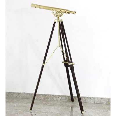 Vintage Table Decorative Shiny Brass Telescope with Antique Wooden Tripod - B5Y9B6MH4