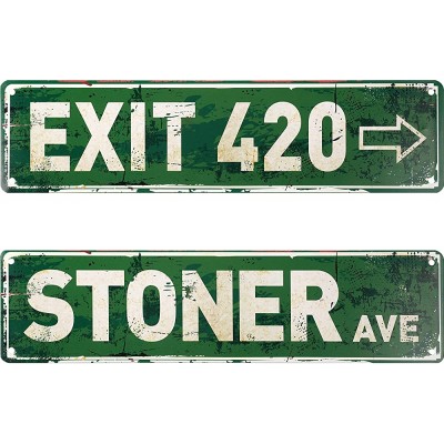 2 Pieces Vintage Exit Sign Decor Retro Stoner Avenue Street Sign and Rustic Exit 420 Sign Metal Tin Sign for Home Wall Decor 4 x 16 Inches - BT0PH141R