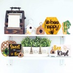 Bee Wooden Sign Tiered Tray Decor Set of 5 Bee Happy Honeycomb 3D Letter Raised Laser Engrave Wood Block Bundle Honey Dippers Spring Summer Farmhouse Bee Home Kitchen Tray Bookshelf Table Decor - BMI4ALD9D