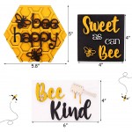 Bee Wooden Sign Tiered Tray Decor Set of 5 Bee Happy Honeycomb 3D Letter Raised Laser Engrave Wood Block Bundle Honey Dippers Spring Summer Farmhouse Bee Home Kitchen Tray Bookshelf Table Decor - BMI4ALD9D