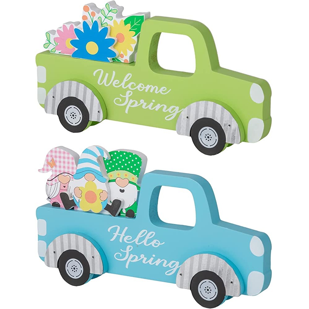 DECSPAS Spring Decor 2 PCS Wood Spring Decorations for Home Green and Blue Car Blocks Farmhouse Table Decor Spring Gnomes Flower Ornaments Rustic Spring Home Decor Welcome Spring Hello Spring Sign Tiered Tray Decor - BH3ADOVLP