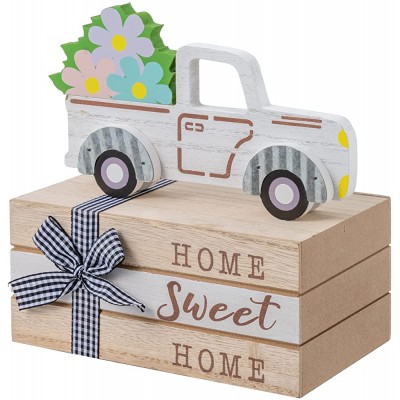 DECSPAS Spring Decor Wood White Car and Book Blocks Spring Decorations for Home Spring Flowers Ornaments Farmhouse Table Decor HOME Sweet HOME Sign Rustic Spring Home Decor for Living Room Mantle Dining Table - BPY5ZRWF0