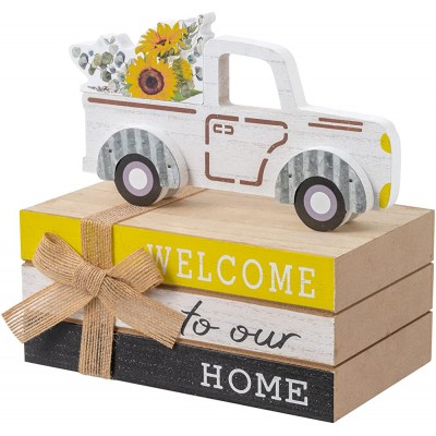 hogardeck Spring Decorations for Home Wood Faux Decorative Book Stack Welcome to Our Home Spring Decor White Truck Sunflower Wooden Block Sign Farmhouse Table Decor for Tiered Tray Mantle Party Home - BI0XN6RE4