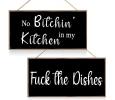 Jetec 2 Pieces Funny Kitchen Signs the Dishes Hanging Wall Art Sign No Bitchin in My Kitchen Rustic Wooden Wall Signs Decorative Wood Sign Home Kitchen Decor 10 x 5 Inch - B1JT9RNTA