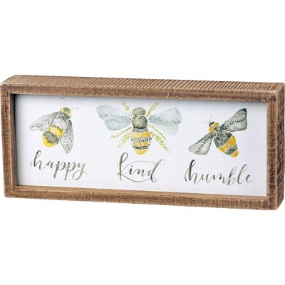 Primitives by Kathy 101758 Inset Box Sign 10" Length x 4.25" Height x 1.75" Width Bees Happy Kind Humble - B5DLFAD40
