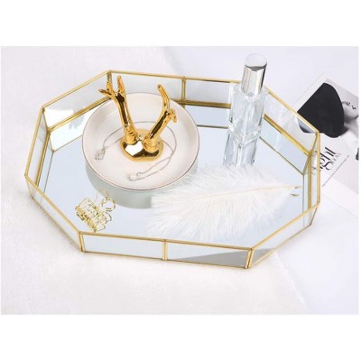 ahggzeg Vintage Glass Tray Mirror Hexagonal Jewelry Tray Metal Decorative Tray for Vanity Dresser Bathroom Bedroom Small - BLDIEHY0K