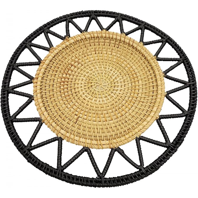 Boho Round Decorative Black & Natural Rattan Tray Functional or Wall Decor. Handmade Woven Tray - BLA0V6QB9
