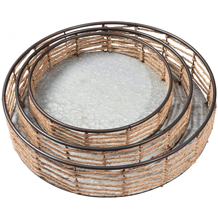 COSIEST Round Galvanized Metal Serving Trays w Hemp Rope Set of 3 Food Collectibles Trays Decorative Knick-Knack Wall Display Trays - BT7KKPO3V