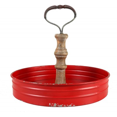 Creative Co-op EC0579 Round Metal & Wood Tray with Handle Decorative Accents Red - BK522N3BB