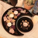 Crescent Moon Crystal Holder Tray Set Black Wooden Wiccan Healing Stone Decorative display with Round Jewelry Dish Lunar Phases Essential Oils Organizer for Altar Table Dorm Vanity Boho Home Bedroom - BBGEHG9G7