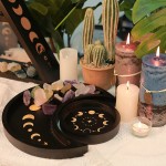 Crescent Moon Crystal Holder Tray Set Black Wooden Wiccan Healing Stone Decorative display with Round Jewelry Dish Lunar Phases Essential Oils Organizer for Altar Table Dorm Vanity Boho Home Bedroom - BBGEHG9G7