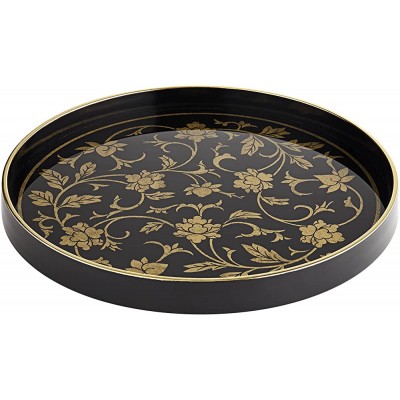 Dahlia Studios Floral Painted Black and Gold Round Decorative Tray - BVA2QR1P5