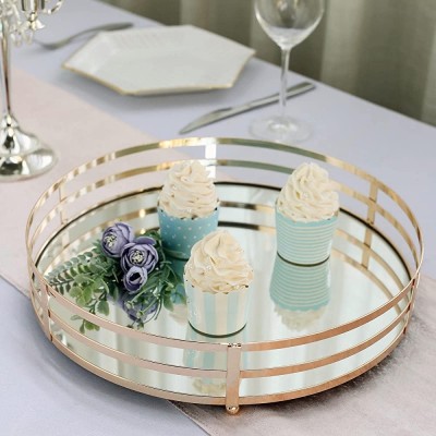Efavormart Set of 2 Gold Metal Decorative Serving Trays Round Mirror Trays 13.5" 9.5" - B94H4EH14