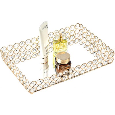 Feyarl Mirrored Crystal Vanity Makeup Tray Ornate Jewelry Trinket Tray Organizer Cosmetic Perfume Bottle Tray Decorative Tray Home Deco Dresser Skin Care Tray Storage Rectangle 12" x 8" Gold - B3K8QLGDF
