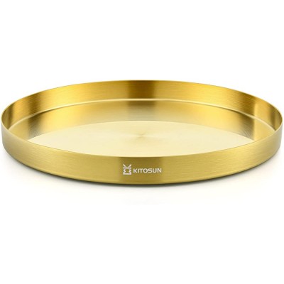 Gold Tray Round Serving Platter Metal Decorative Plate for Bar Club Lounge Coffee Table Centerpieces Perfume Vanity Jewelry Display Cosmetic Storage Counter Bathroom Organizer 12"W x 1.1"H - BH219190U