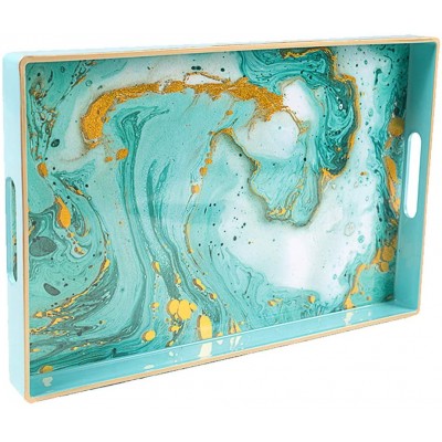 MAONAME Turquoise Decorative Tray with Handles Plastic Serving Tray for Coffee Table Marbling Rectangular Tray for Ottoman Bathroom Storage 15.7" Lx 10.2" W X 1.57" H - B3KCK0BLX
