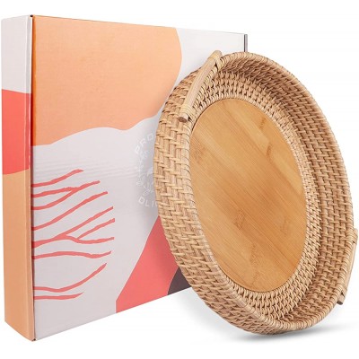 PROJECT DLIGHT Coffee Table Tray Round Bamboo Rattan Woven Serving Tray with Handles Wicker Decorative Tray for Boho Home Decor 11.8 inch Diameter  30 cm - BPB1PGQ3I