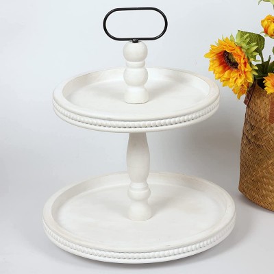 Thewense Mom Gifts 2 Tiered Tray Wooden Serving Stand Small Beaded Tray for Home Decor Display Farmhouse Country Decoration Kitchen or Dining or Room - BT535KOHI