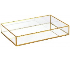 WONTHAI Decorative Glass Tray with Mirrored Bottom for Lady and Man Jewelry,Vintage Glass Jewelry Tray  Glass Metal Makeup Tray for Bathroom Bedroom Cosmetics - BBNQ94M3M